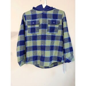 Cat &‎ Jack Hooded Flannel Shacket Boys L Blue Green Plaid Snap Front NWT